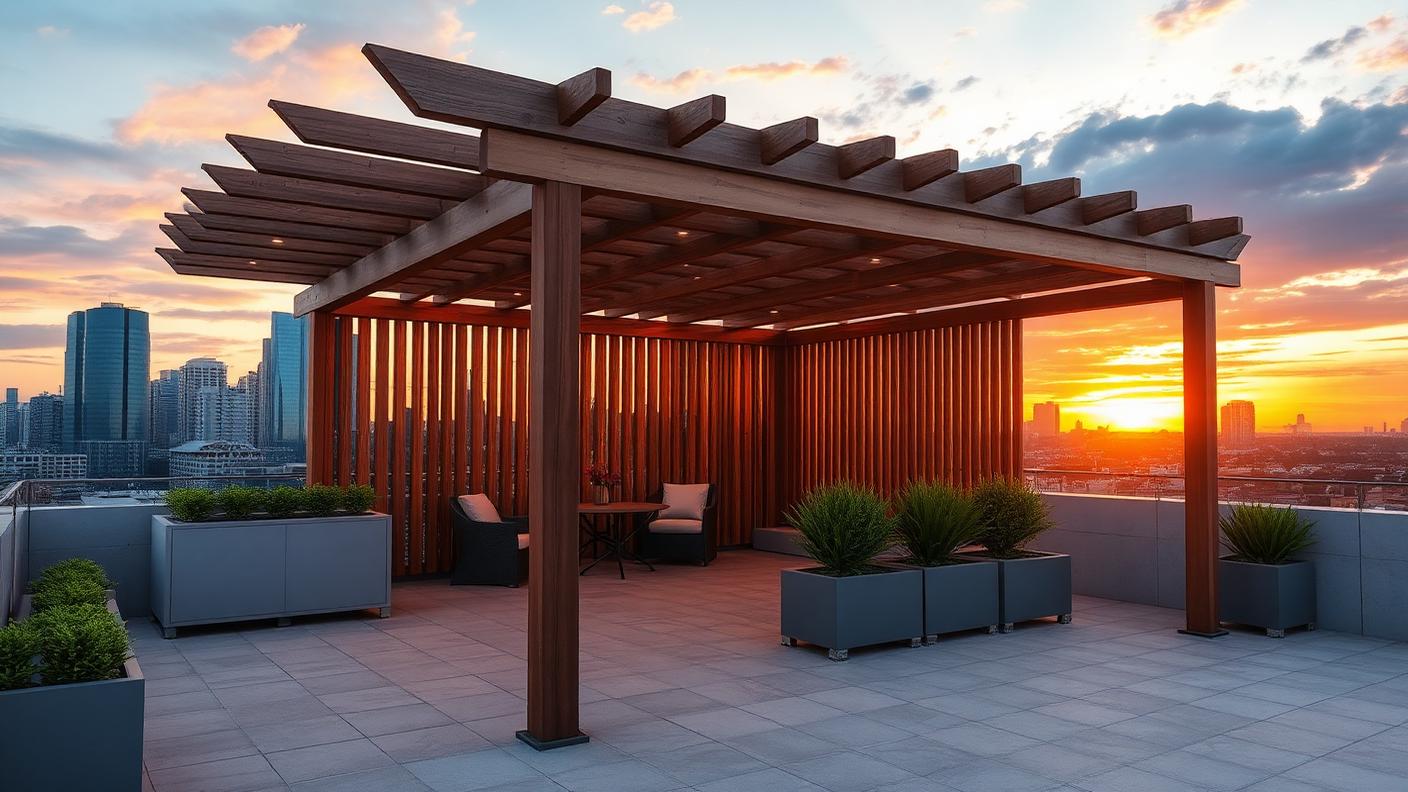 Rooftop Screened Pergola pergola shade structure Outdoor rooms A rooftop or podium deck pergola with vertical batten screens and planters. Images and Photos created by www.house-and-garden-designs.com