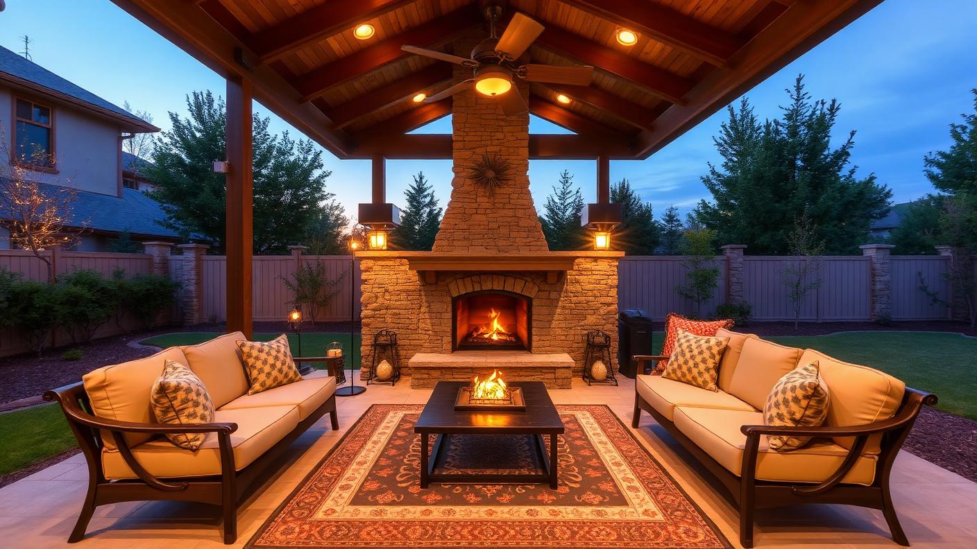 Pergola Outdoor Room with Fireplace pergola shade structure Outdoor rooms A fully roofed structure with a masonry fireplace, sofas, a. Images and Photos created by www.house-and-garden-designs.com