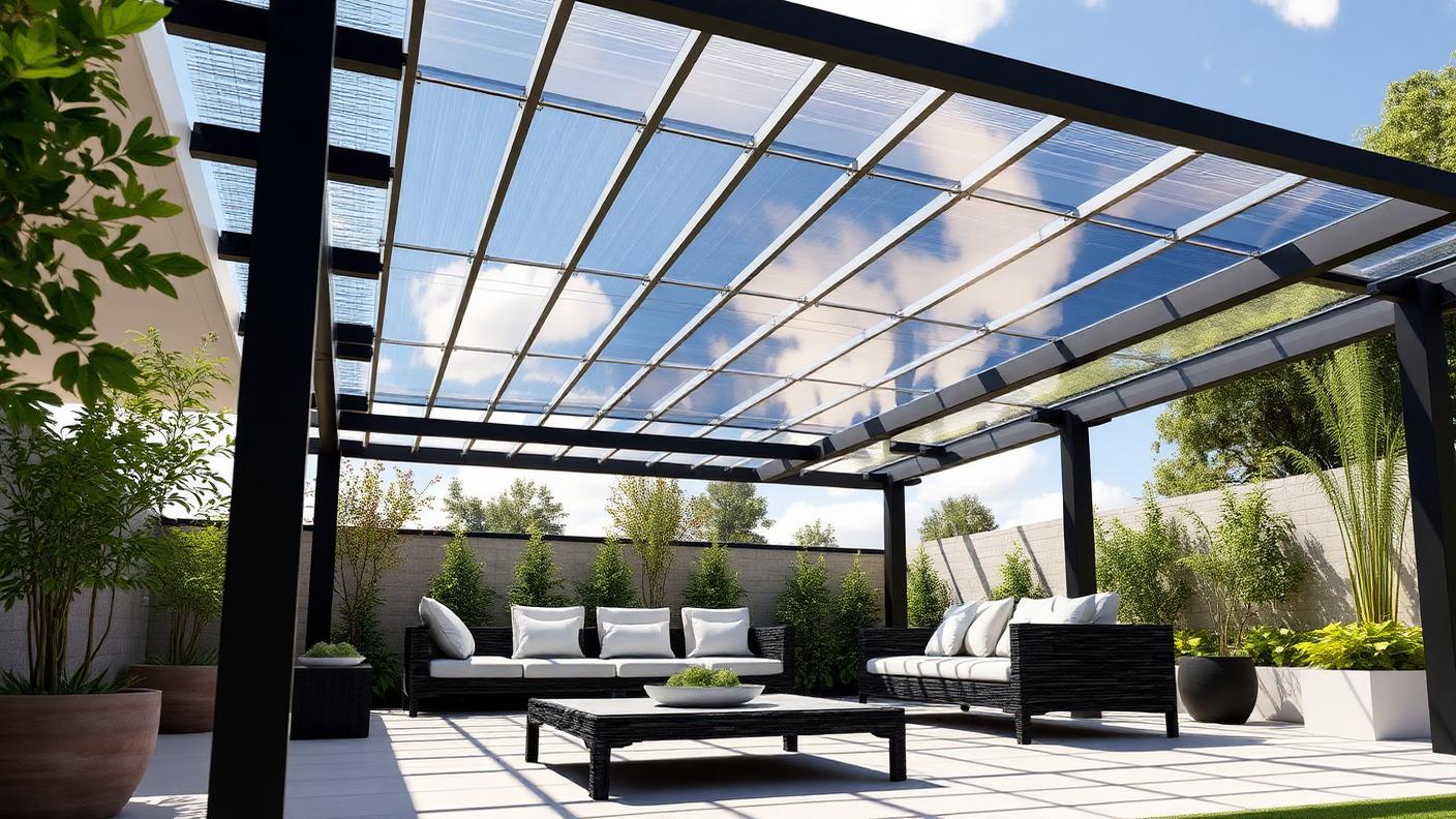 Solar Panel Eco Pergola pergola shade structure Roofed & all weather A pergola roofed in solar panels or bifacial solar. Images and Photos created by www.house-and-garden-designs.com