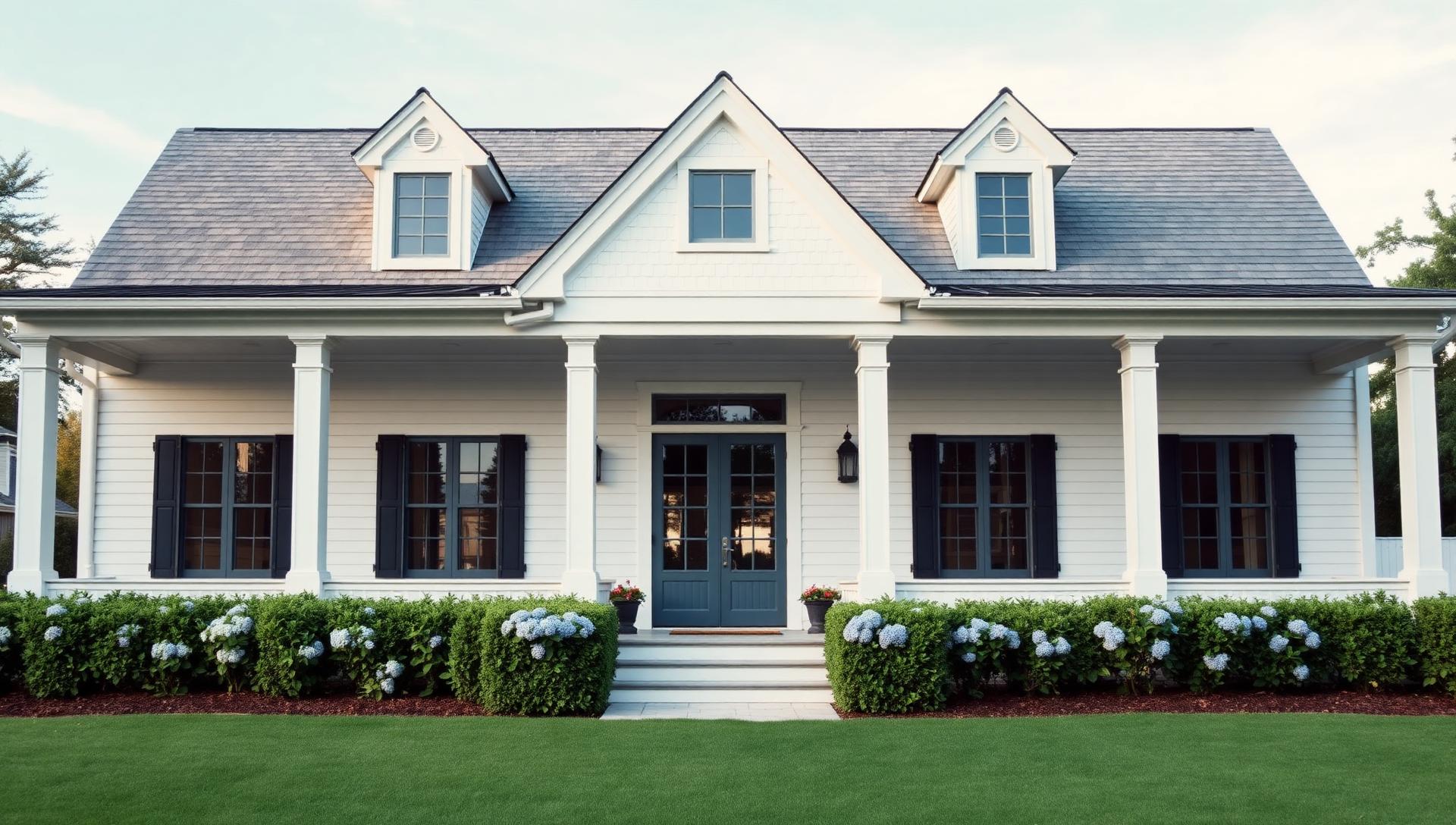 Hamptons Style Beach House Design Ideas for Gardens, Furniture and Interiors feature article White weatherboard, clipped box hedges, hydrangeas, striped. Images and Photos created by www.house-and-garden-designs.com