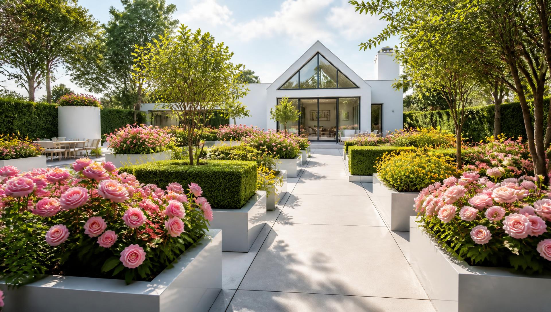 Modern futuristic cottage garden with pink roses yellow blooms clipped hedges bright white pavilion. Images and Photos created by www.house-and-garden-designs.com