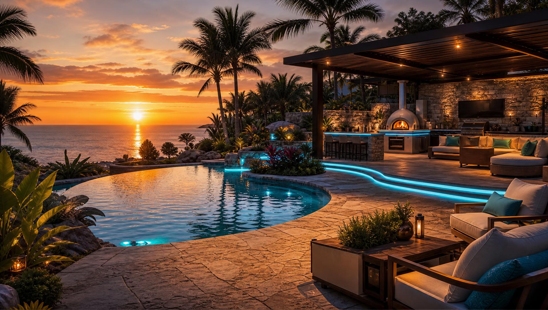 Tropical resort backyard with infinity swimming pool and modern outdoor furniture at golden hour. Images and Photos created by www.house-and-garden-designs.com