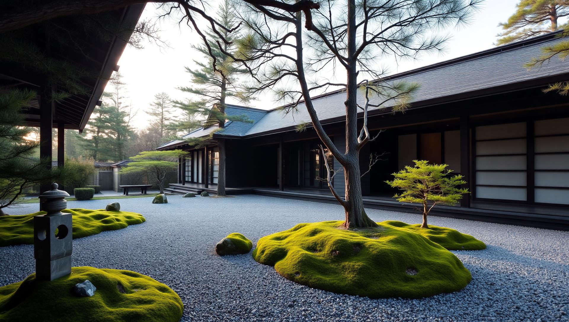 Japanese Garden Ideas and Concepts for Modern Japanese Style Homes feature article Raked gravel courtyards, moss and sculpted trees, koi. Images and Photos created by www.house-and-garden-designs.com
