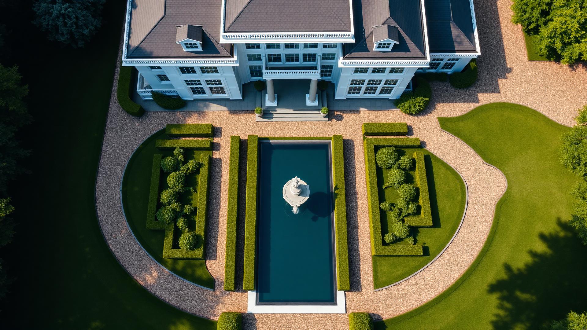 Modern Formal Estate backyard design Top / Drone View A grand two-storey residence arranged around a classical central axis symmetrical. Images and Photos created by www.house-and-garden-designs.com