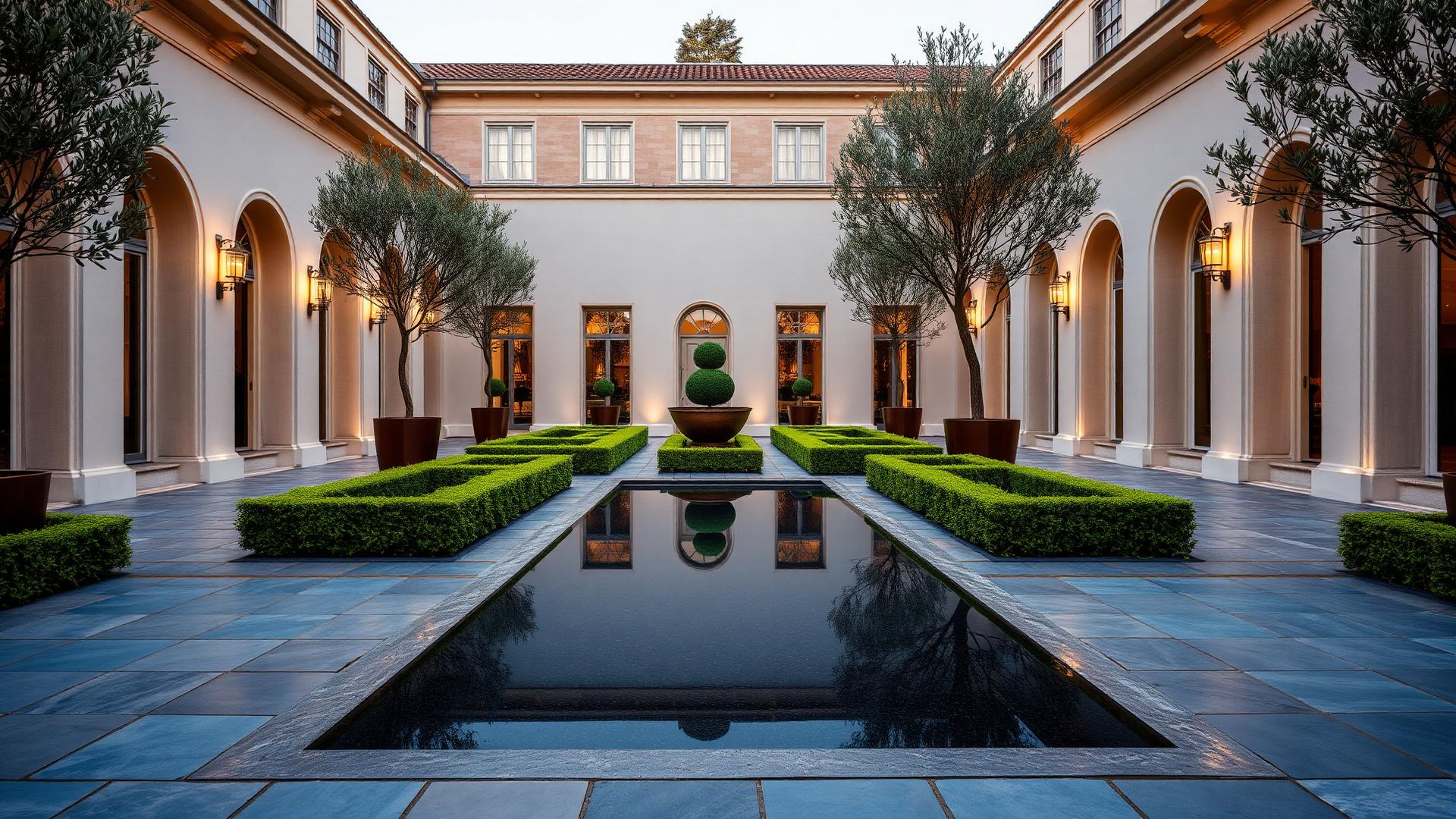 Bluestone Courtyard Formal backyard design Forward Looking A sawn bluestone paving grid holding clipped hedge parterres, a black granite reflection. Images and Photos created by www.house-and-garden-designs.com