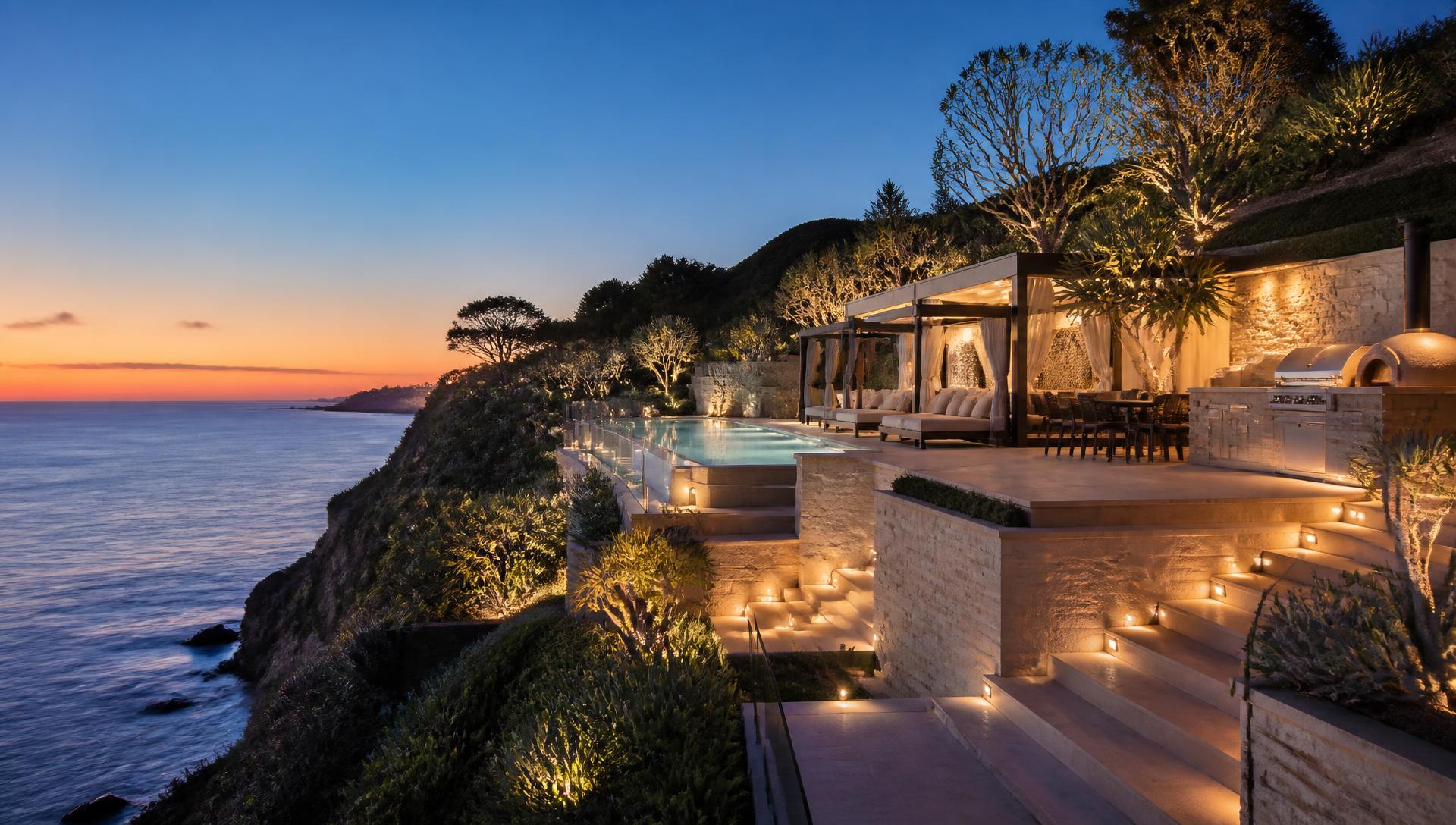 Clifftop Travertine Resort backyard design Left Side Property View Bleached travertine terraces step down a headland to a glass edge. Images and Photos created by www.house-and-garden-designs.com