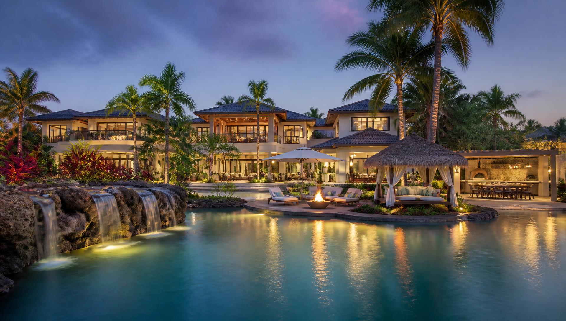 Lagoon Palm Grove Villa backyard design Rear Backyard Look A private resort garden built around a lagoon pool with rock. Images and Photos created by www.house-and-garden-designs.com