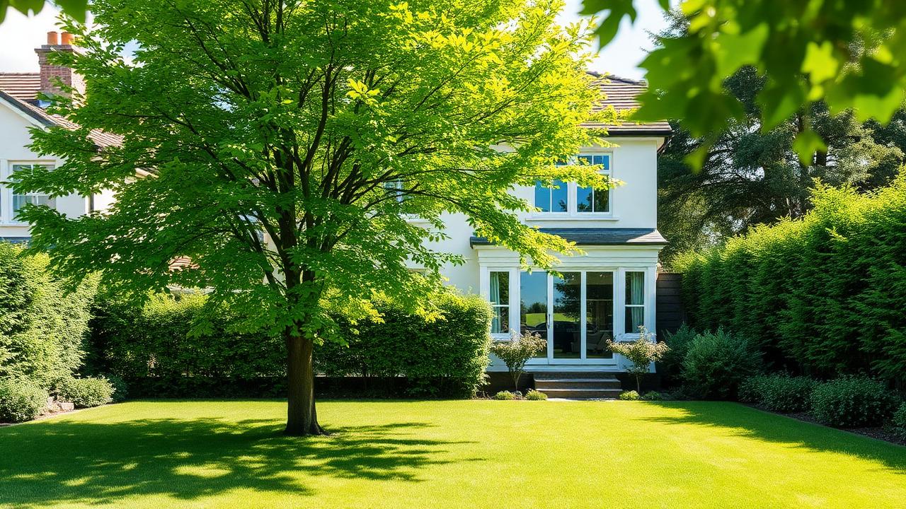 Mature feature tree casting dappled shade over a lush green lawn in a modern residential garden. Images and Photos created by www.house-and-garden-designs.com