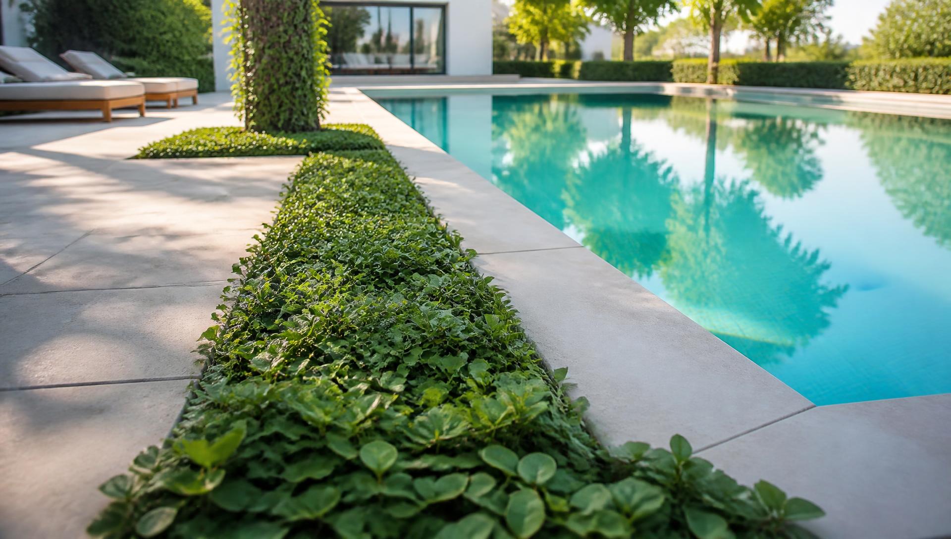 Green groundcover edging a modern luxury swimming pool with pale stone pavers. Images and Photos created by www.house-and-garden-designs.com