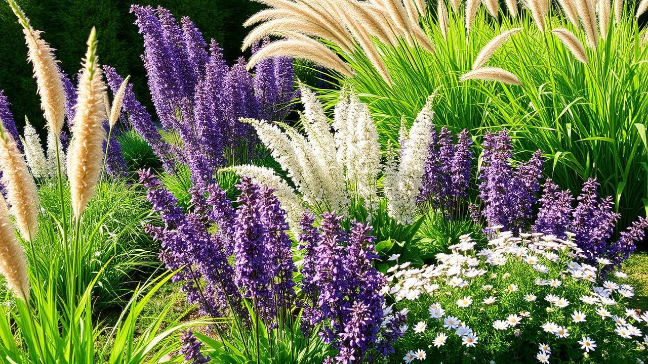 Colourful perennial border with ornamental grasses purple and white flowering plants modern. Images and Photos created by www.house-and-garden-designs.com