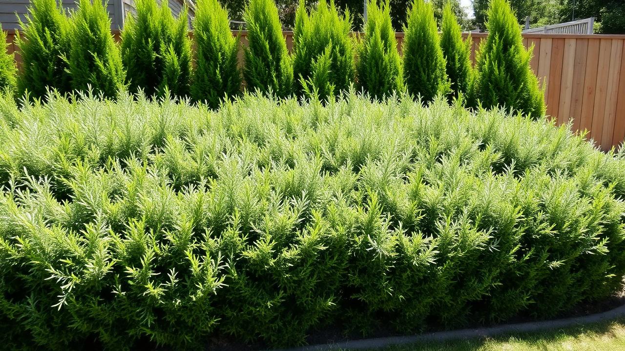 Dense massed evergreen shrubs and conifers creating privacy screening along a timber fence. Images and Photos created by www.house-and-garden-designs.com
