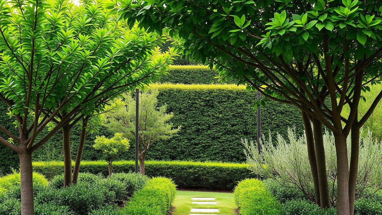 Layered garden understorey with small trees and tall shrubs framing a manicured hedge and stone path. Images and Photos created by www.house-and-garden-designs.com