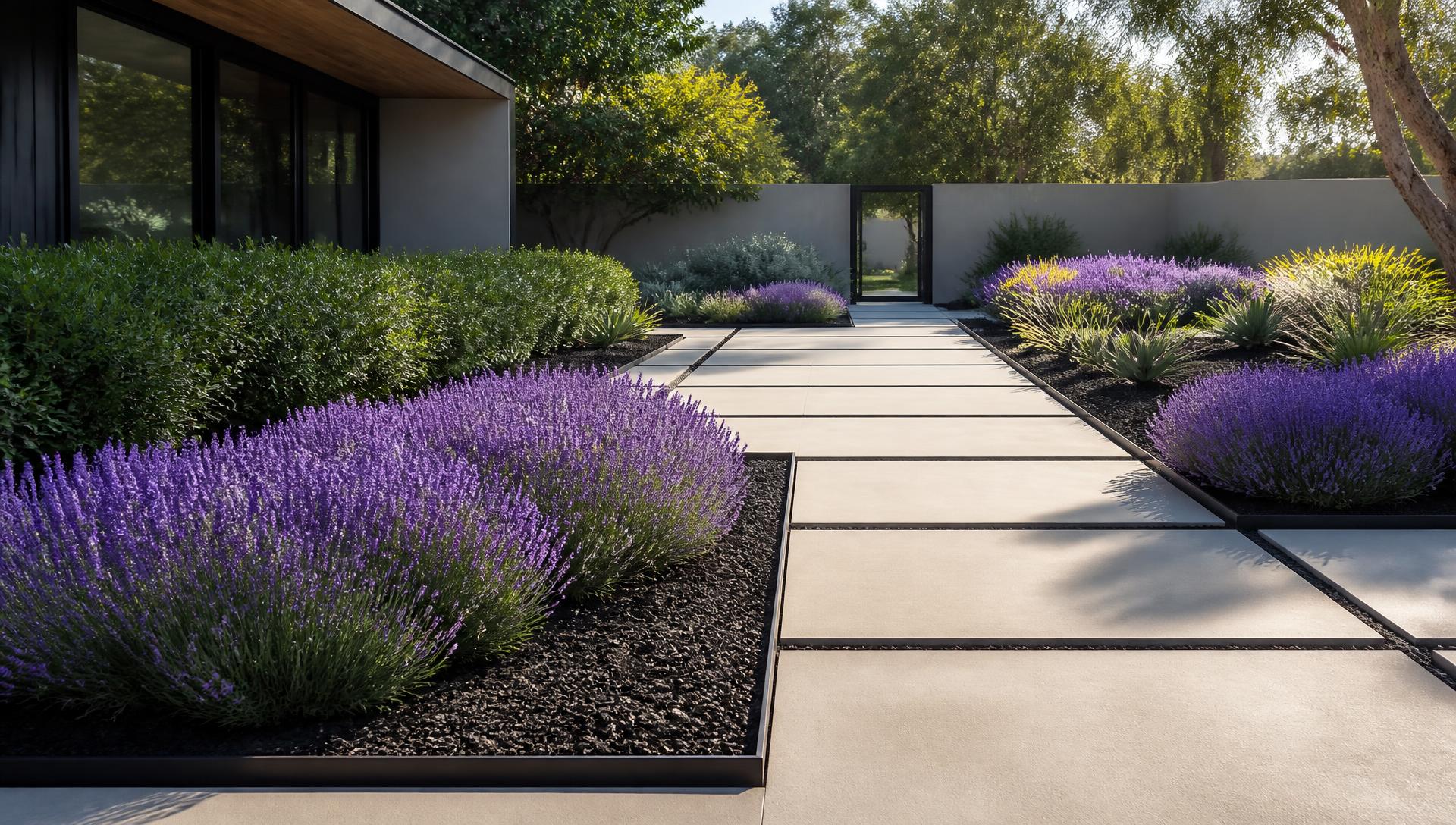 Low maintenance modern garden with lavender rows concrete pavers dark gravel beds. Images and Photos created by www.house-and-garden-designs.com