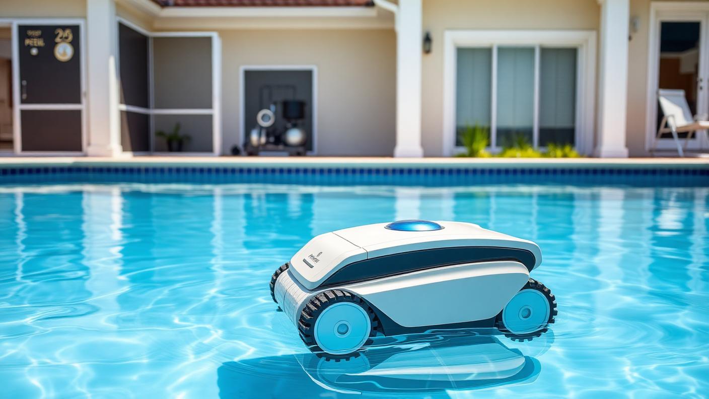 robotic pool cleaner working in a clear backyard swimming pool beside screened pump and filter equipment bay. Images and Photos created by www.house-and-garden-designs.com