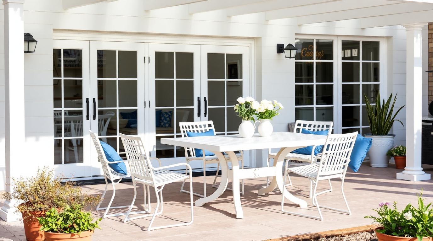 white powder coated aluminium outdoor dining set beside kitchen doors on a coastal patio. Images and Photos created by www.house-and-garden-designs.com