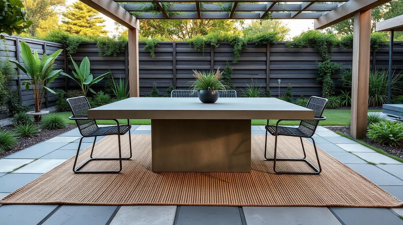 heavy concrete outdoor dining table on a textured rug under a modern pergola. Images and Photos created by www.house-and-garden-designs.com