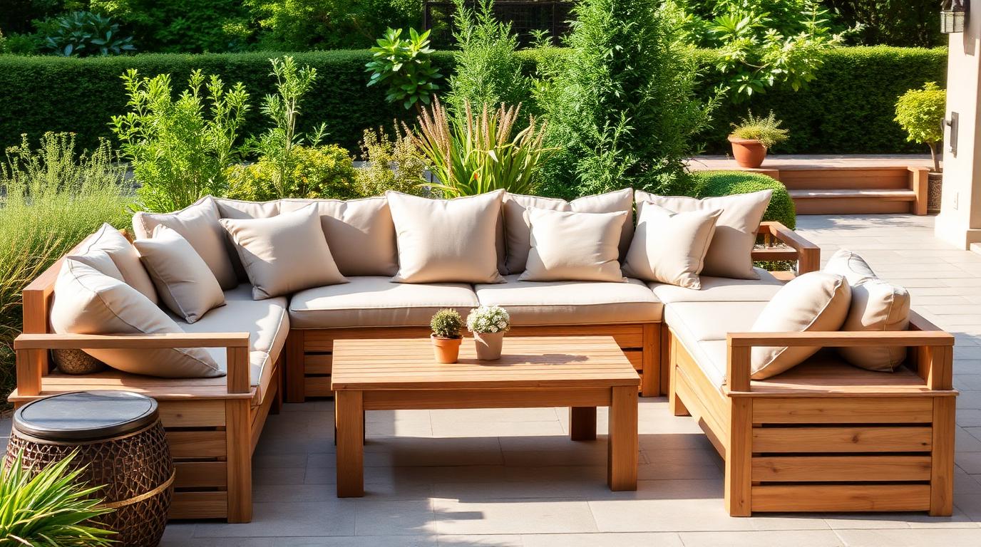 comfortable outdoor lounge with thick acrylic cushions and a wooden storage bench on a patio. Images and Photos created by www.house-and-garden-designs.com