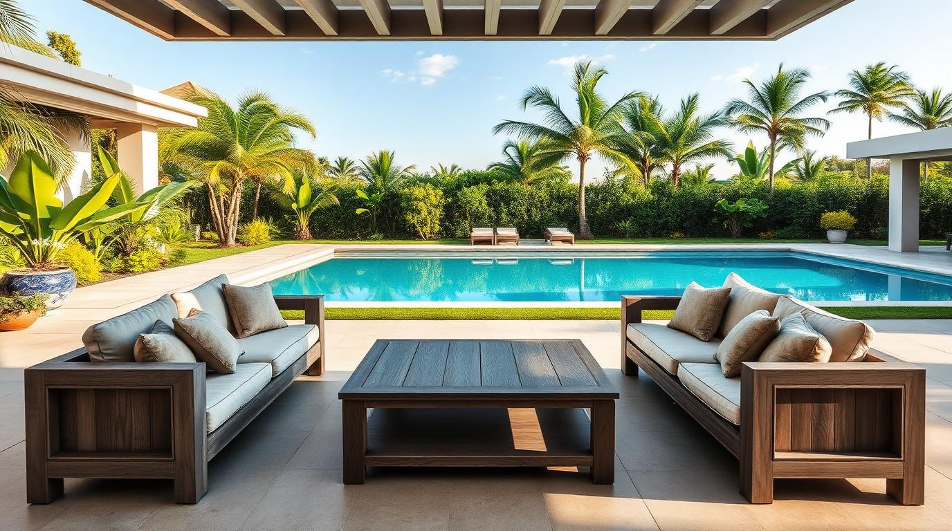 weathered silver grey teak outdoor lounge facing a swimming pool view in a tropical garden. Images and Photos created by www.house-and-garden-designs.com