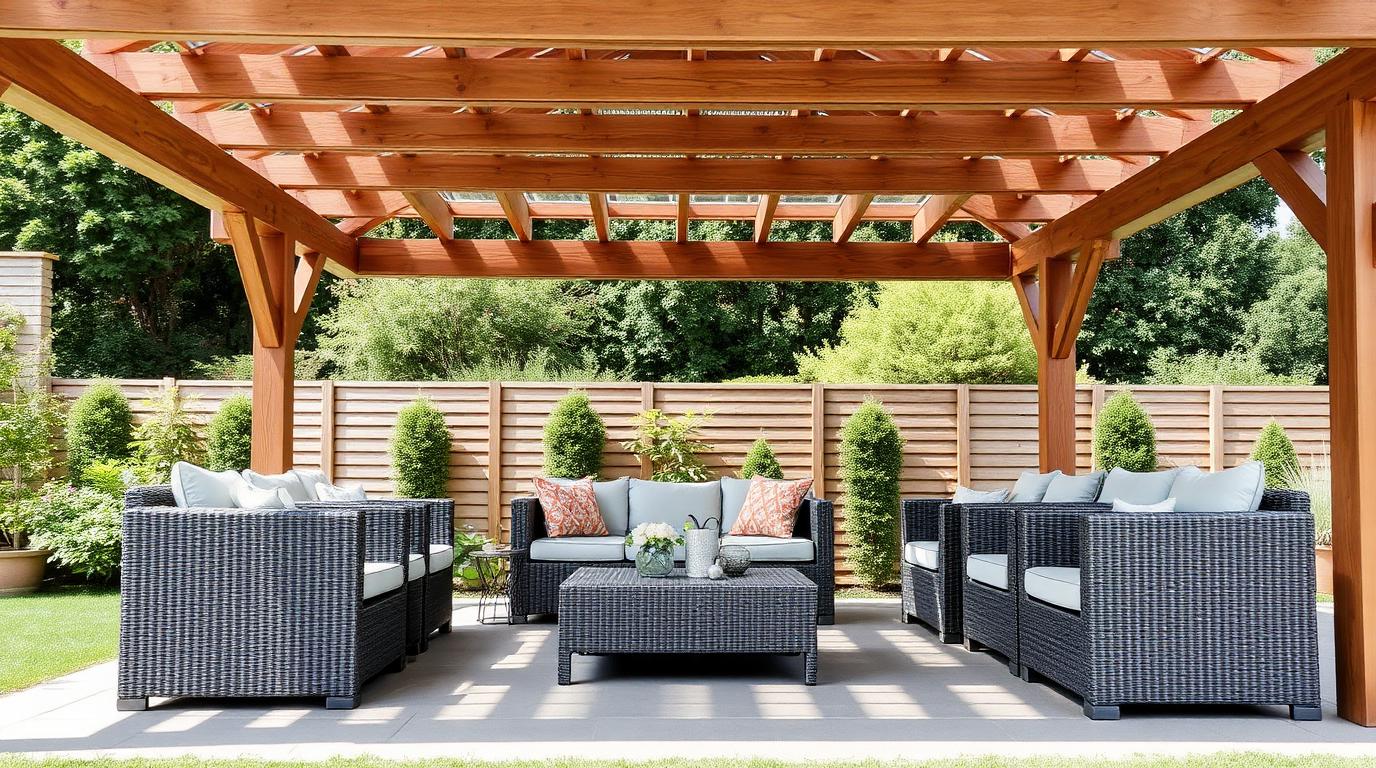 UV stabilised grey woven resin wicker outdoor lounge set under a wooden pergola shade canopy. Images and Photos created by www.house-and-garden-designs.com