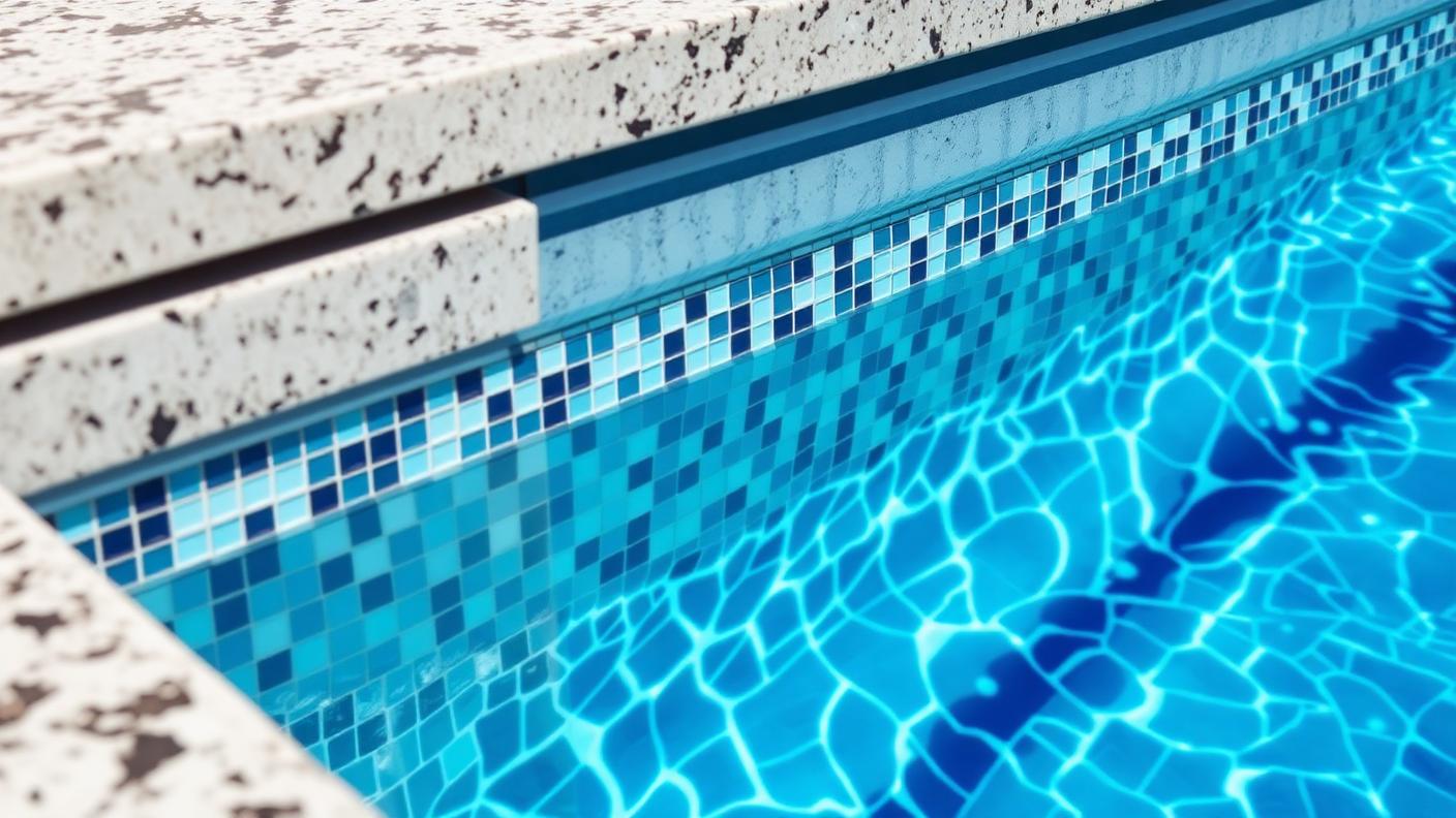 detail of glass mosaic waterline tiles granite coping and powder coated frame on a swimming pool in sunlight. Images and Photos created by www.house-and-garden-designs.com