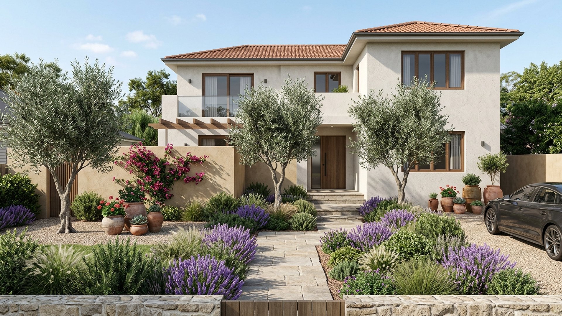 Mediterranean Frontage front yard landscaping concept Forward Looking Olive trees, lavender drifts and terracotta pots against a rendered wall. Images and Photos created by www.house-and-garden-designs.com