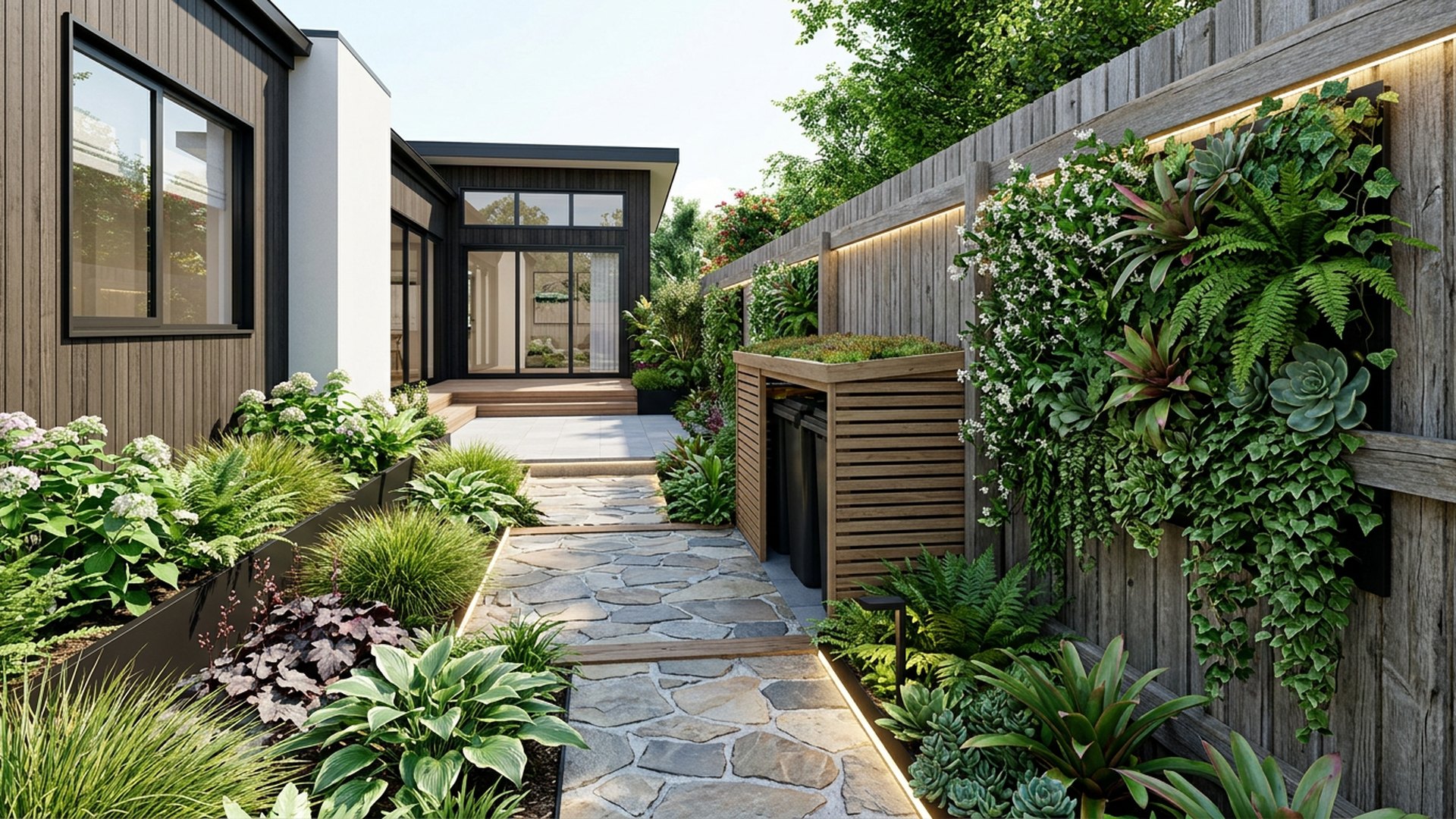 Narrow Side Yard Rescue backyard landscaping concept Forward Looking A forgotten 3 metre strip turned into a lit garden walk. Images and Photos created by www.house-and-garden-designs.com