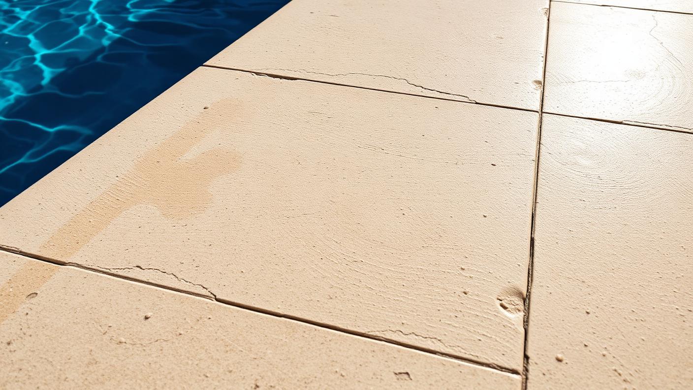 close up of rough textured sandblasted travertine non slip pavers at the edge of a sunlit swimming pool. Images and Photos created by www.house-and-garden-designs.com