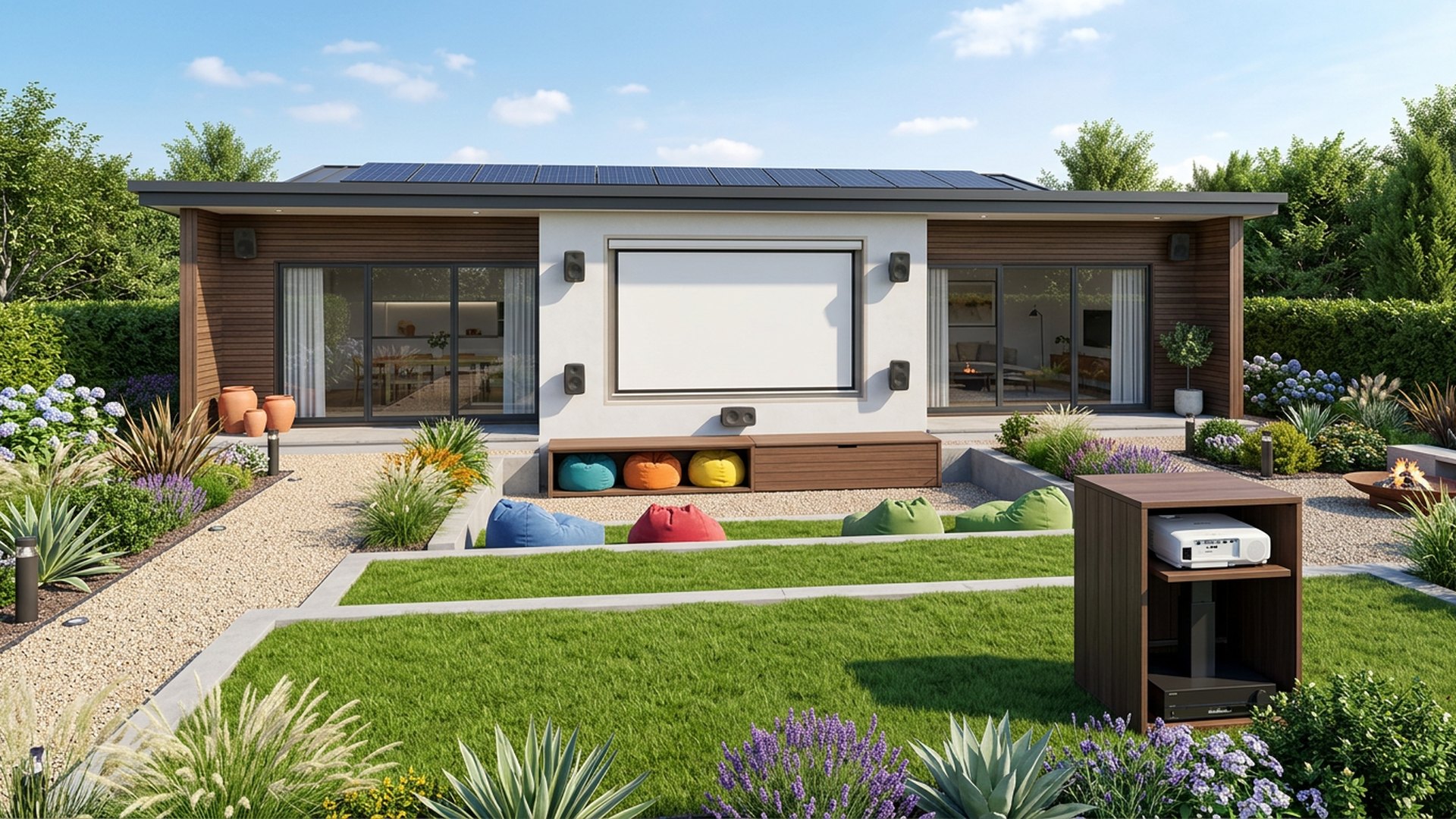 Outdoor Cinema Lawn backyard landscaping concept Forward Looking A projector wall, tiered lawn seating and bean bag storage bench. Images and Photos created by www.house-and-garden-designs.com