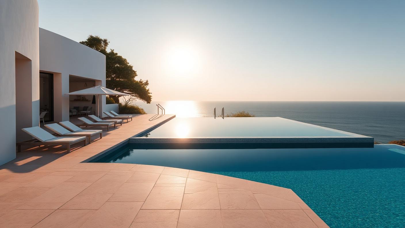 Infinity Edge Modern Pool backyard design Forward Looking A vanishing edge pool set against a crisp white modern home, with. Images and Photos created by www.house-and-garden-designs.com