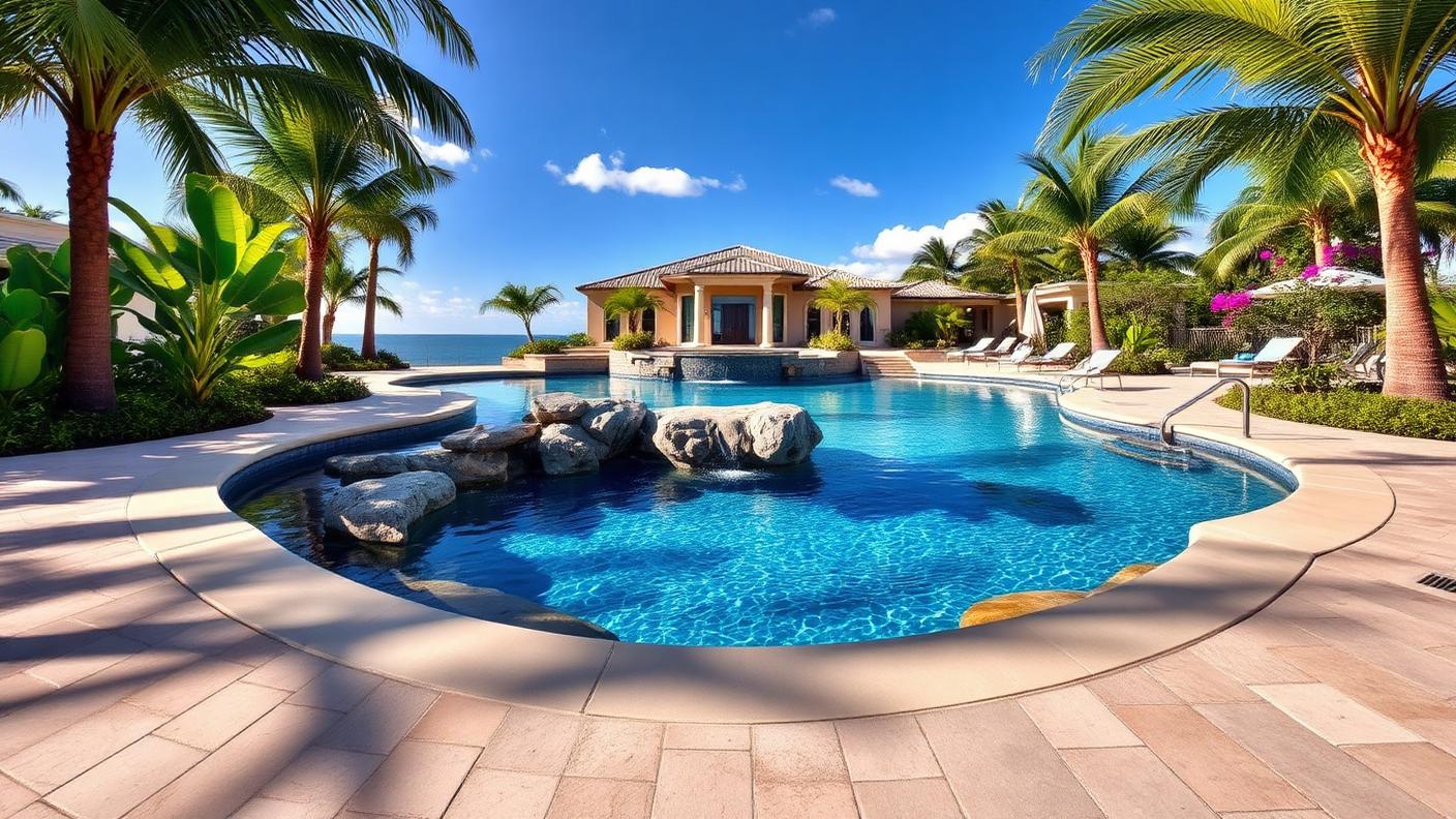 Tropical Lagoon Waterfall Pool backyard design Forward Looking A freeform lagoon pool curves through palms and heliconia with a boulder. Images and Photos created by www.house-and-garden-designs.com