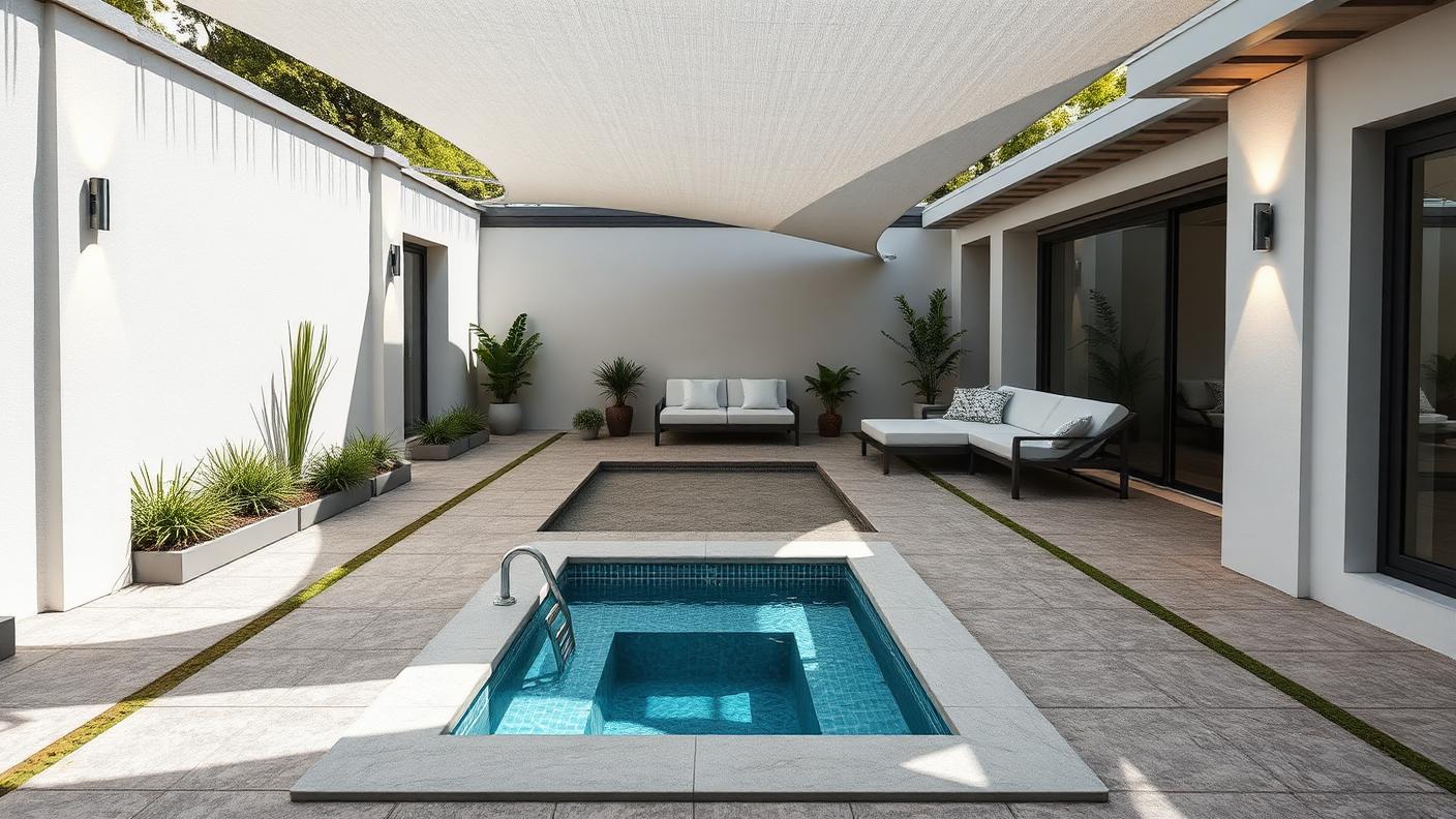 Compact Plunge Pool & Spa backyard design Forward Looking A 4m x 2.5m plunge pool with an integrated spa jet. Images and Photos created by www.house-and-garden-designs.com
