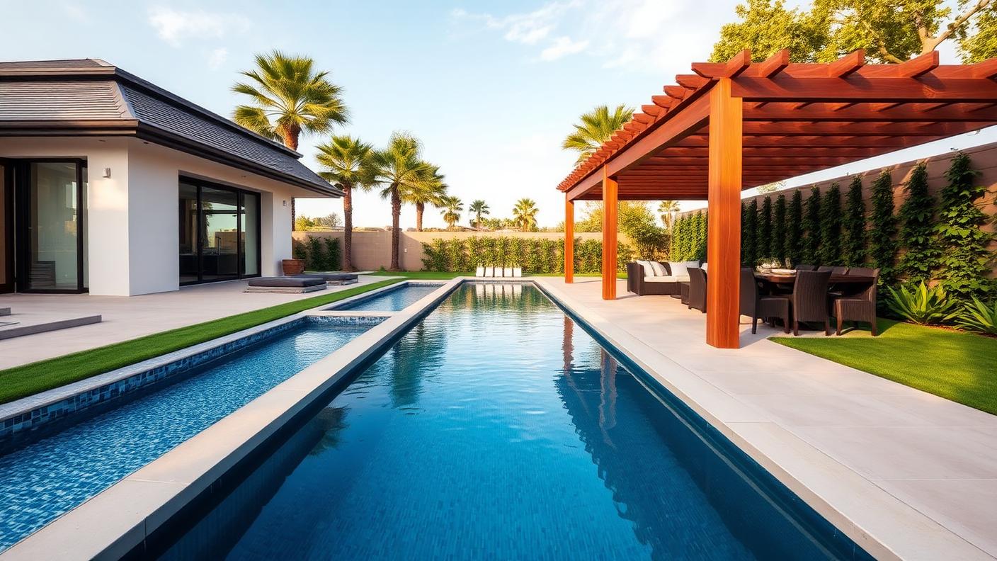 25 Metre Lap Pool & Cabana backyard design Forward Looking A long lap pool runs the length of the block. Images and Photos created by www.house-and-garden-designs.com