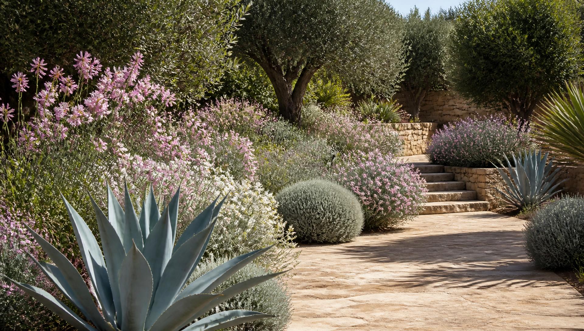 Mediterranean dry garden with silvery olive trees agave pink flowers stone steps. Images and Photos created by www.house-and-garden-designs.com