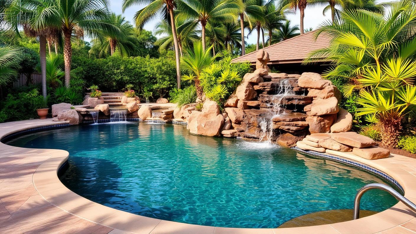 Tropical Lagoon with Rock Waterfall swimming pool design Natural & lagoon A freeform lagoon with a boulder waterfall and a. Images and Photos created by www.house-and-garden-designs.com
