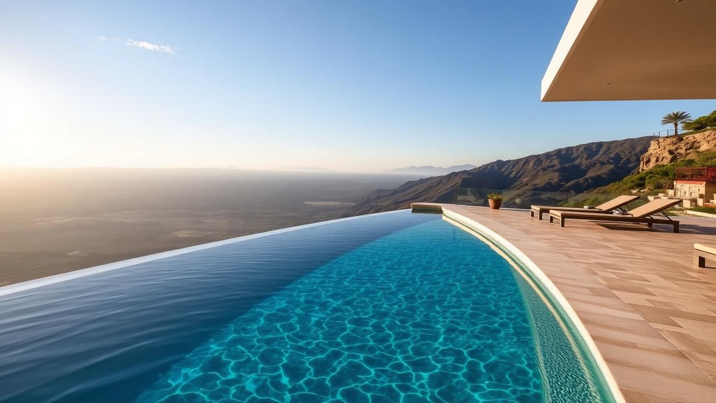 Infinity Edge Clifftop Pool swimming pool design Architectural The vanishing edge exists to borrow a view ocean, valley or city. Images and Photos created by www.house-and-garden-designs.com