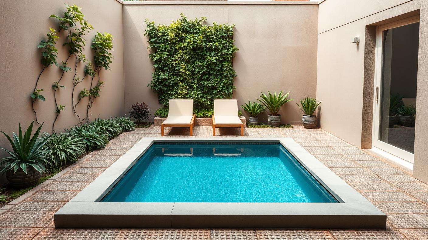 Walled Courtyard Plunge Pool swimming pool design Compact & small block A 4m x 2.5m plunge is for cooling off. Images and Photos created by www.house-and-garden-designs.com