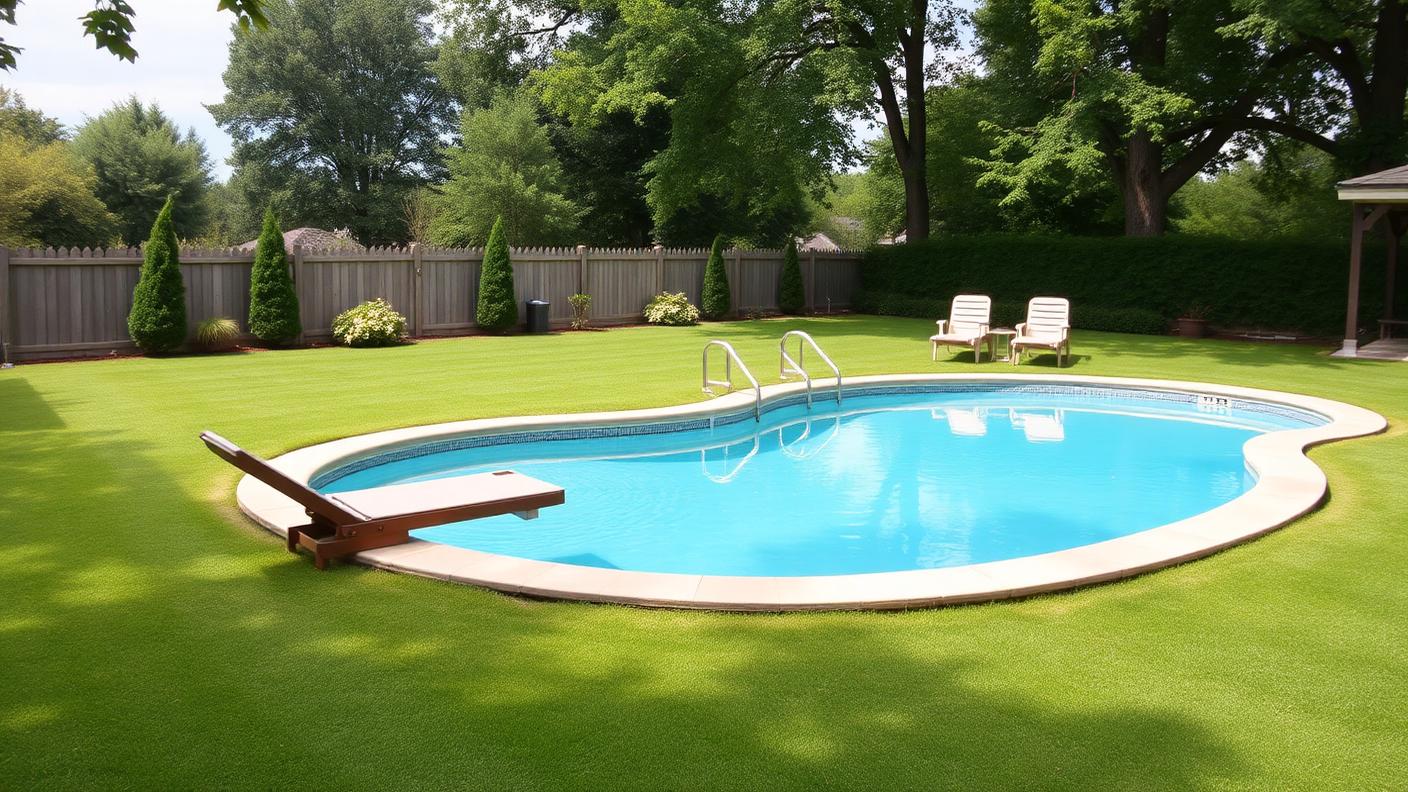 Kidney Shaped Pool on Lawn swimming pool design Classic shapes The kidney is the friendly classic: a curved shallow end. Images and Photos created by www.house-and-garden-designs.com