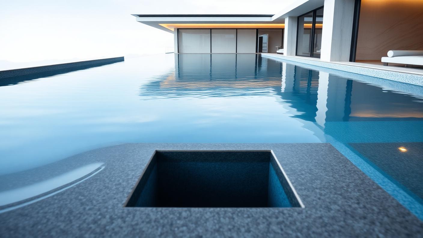 Perimeter Overflow Pool with Spa swimming pool design Architectural Water spills evenly over all four edges into a slot drain. Images and Photos created by www.house-and-garden-designs.com