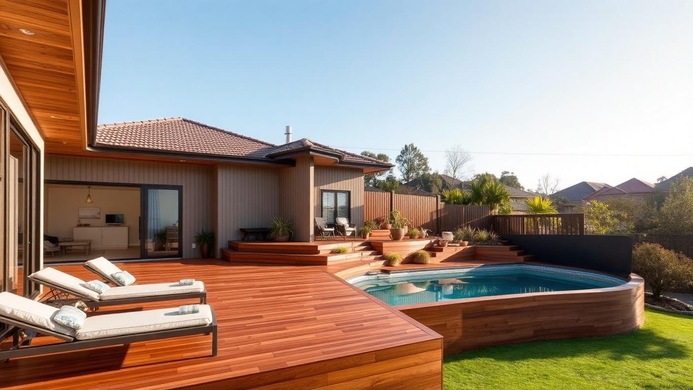Raised Deck Above Ground Pool swimming pool design Compact & small block A semi inground or above ground shell surrounded. Images and Photos created by www.house-and-garden-designs.com