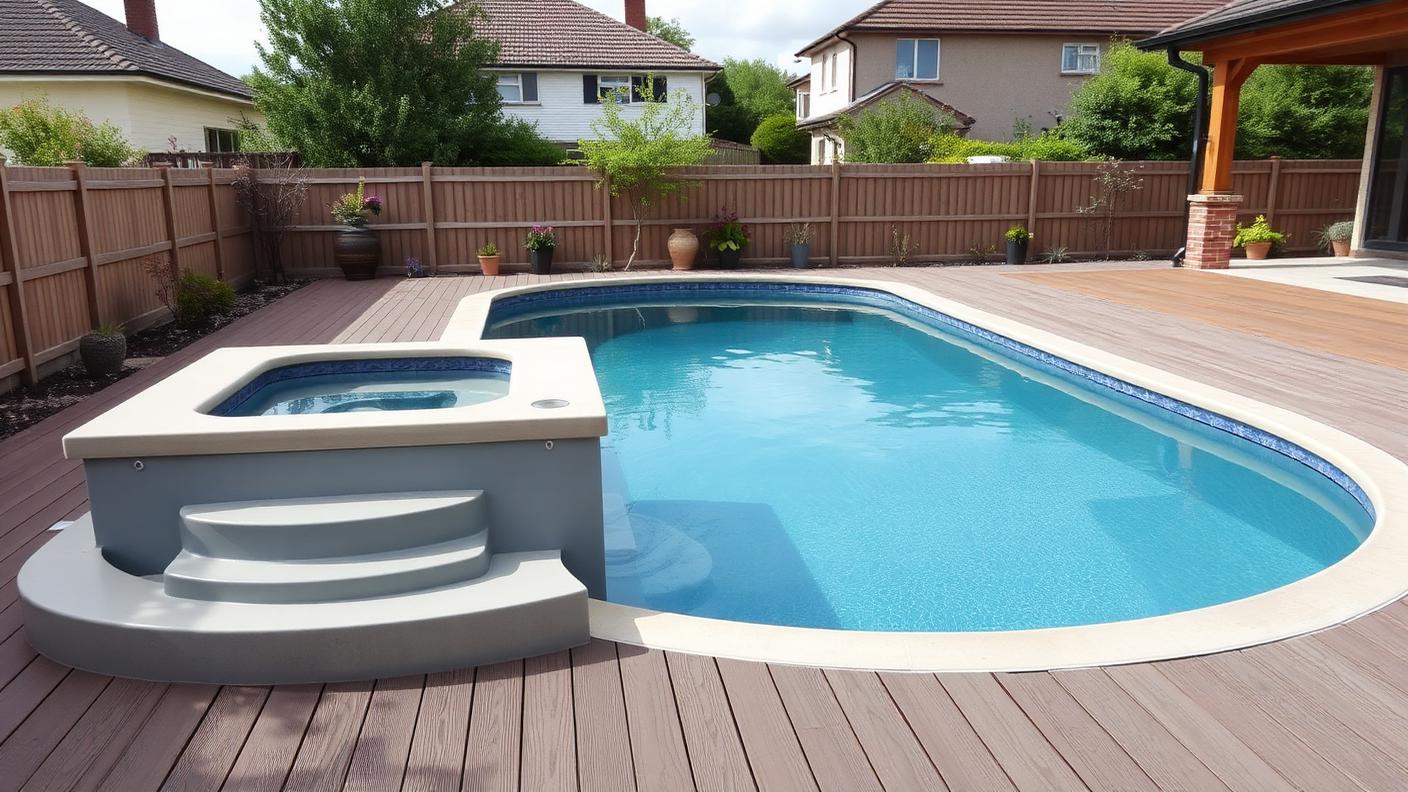 Pool with Raised Spa Spillway swimming pool design Classic shapes A raised spa sharing a wall with the pool, spilling. Images and Photos created by www.house-and-garden-designs.com