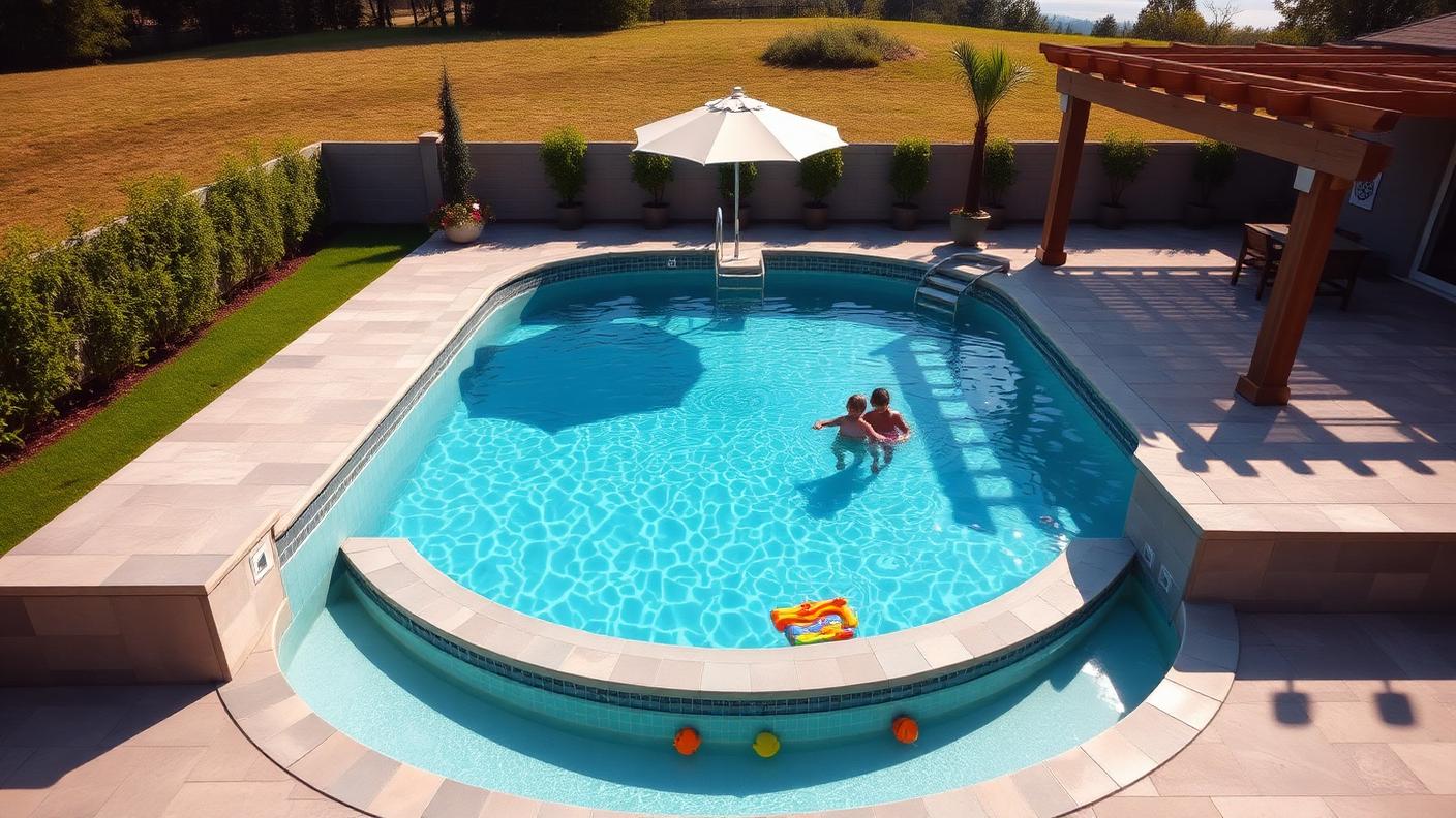 Family Pool with Pergola & Umbrella swimming pool design Classic shapes The everyday pool that families actually live around: safe. Images and Photos created by www.house-and-garden-designs.com