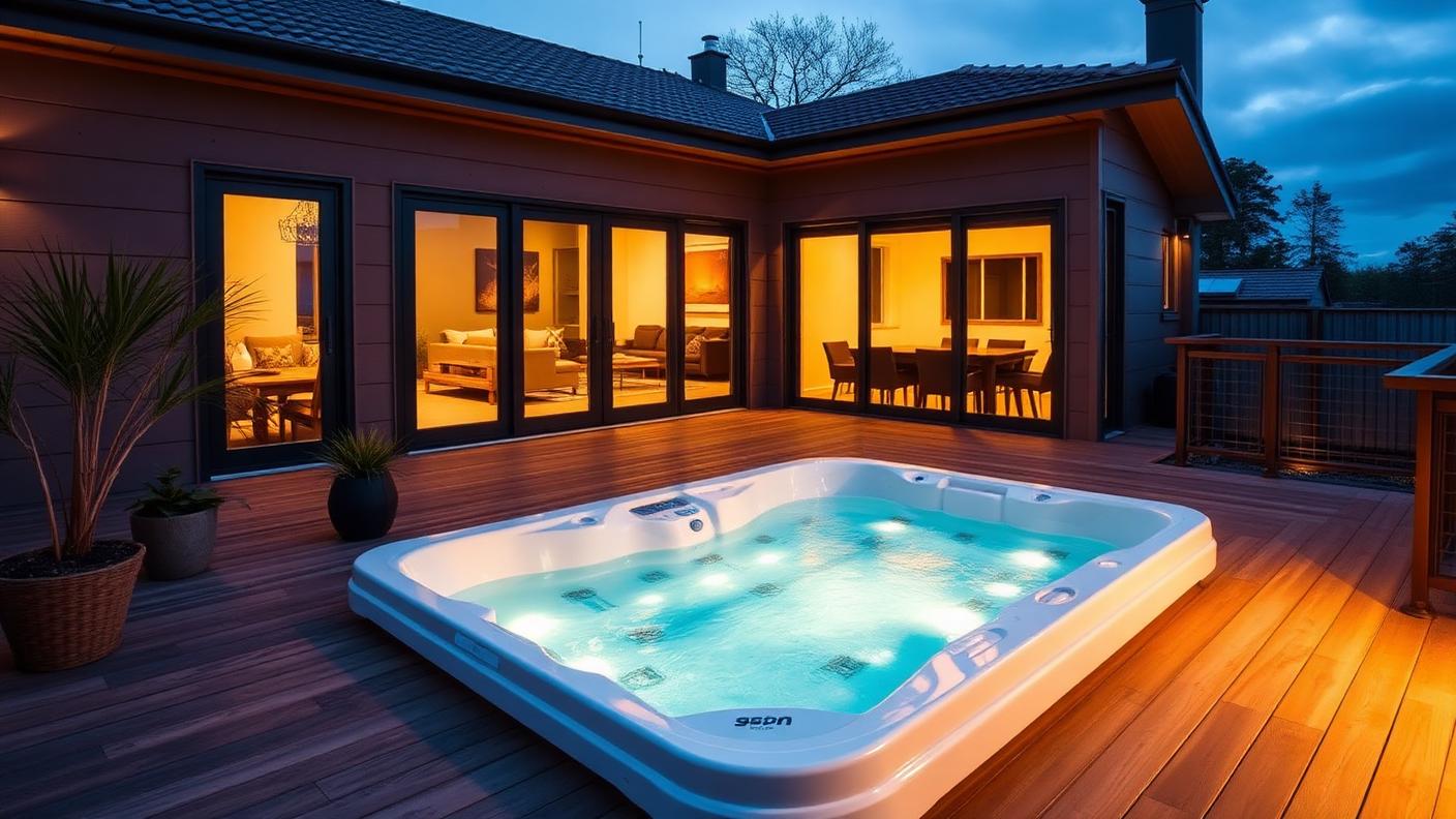 Deck Mounted Spa & Swim Spa swimming pool design Compact & small block A plug in spa or swim spa. Images and Photos created by www.house-and-garden-designs.com