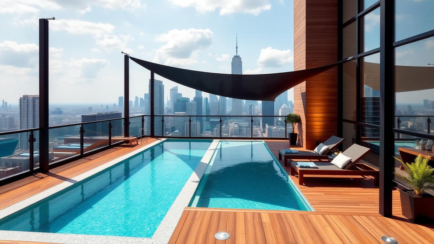 Rooftop Pool with Shade Sail swimming pool design Specialty & exotic A shallow rooftop pool with a shade sail and. Images and Photos created by www.house-and-garden-designs.com