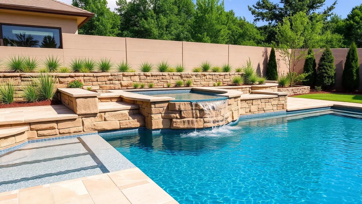 Sloping Site Pool with Stone Terraces swimming pool design Architectural On a falling block, dry stone retaining terraces let the. Images and Photos created by www.house-and-garden-designs.com