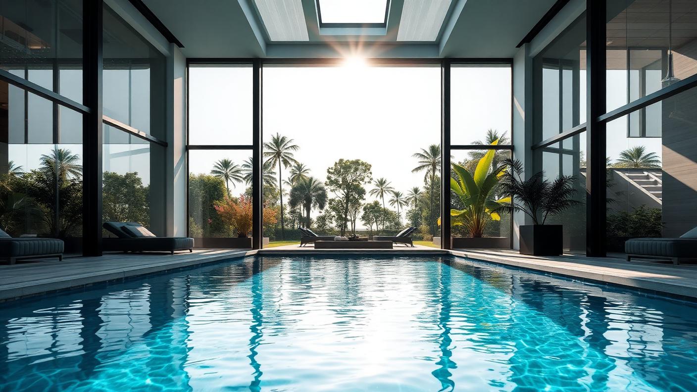 Enclosed Pool Pavilion swimming pool design Specialty & exotic A glazed pavilion around the pool converts a three month pool. Images and Photos created by www.house-and-garden-designs.com