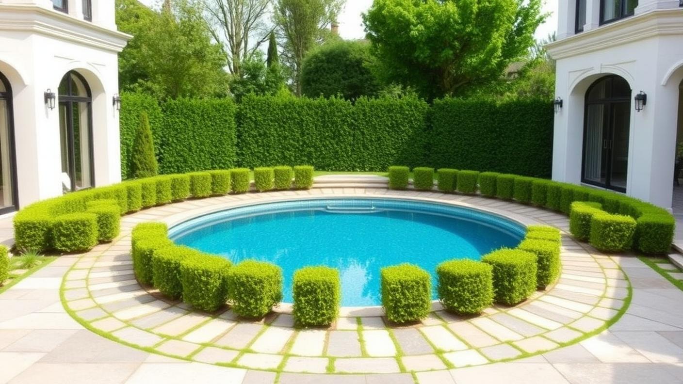 Formal Circular Garden Pool swimming pool design Specialty & exotic A perfect circle set in clipped hedging reads as a. Images and Photos created by www.house-and-garden-designs.com
