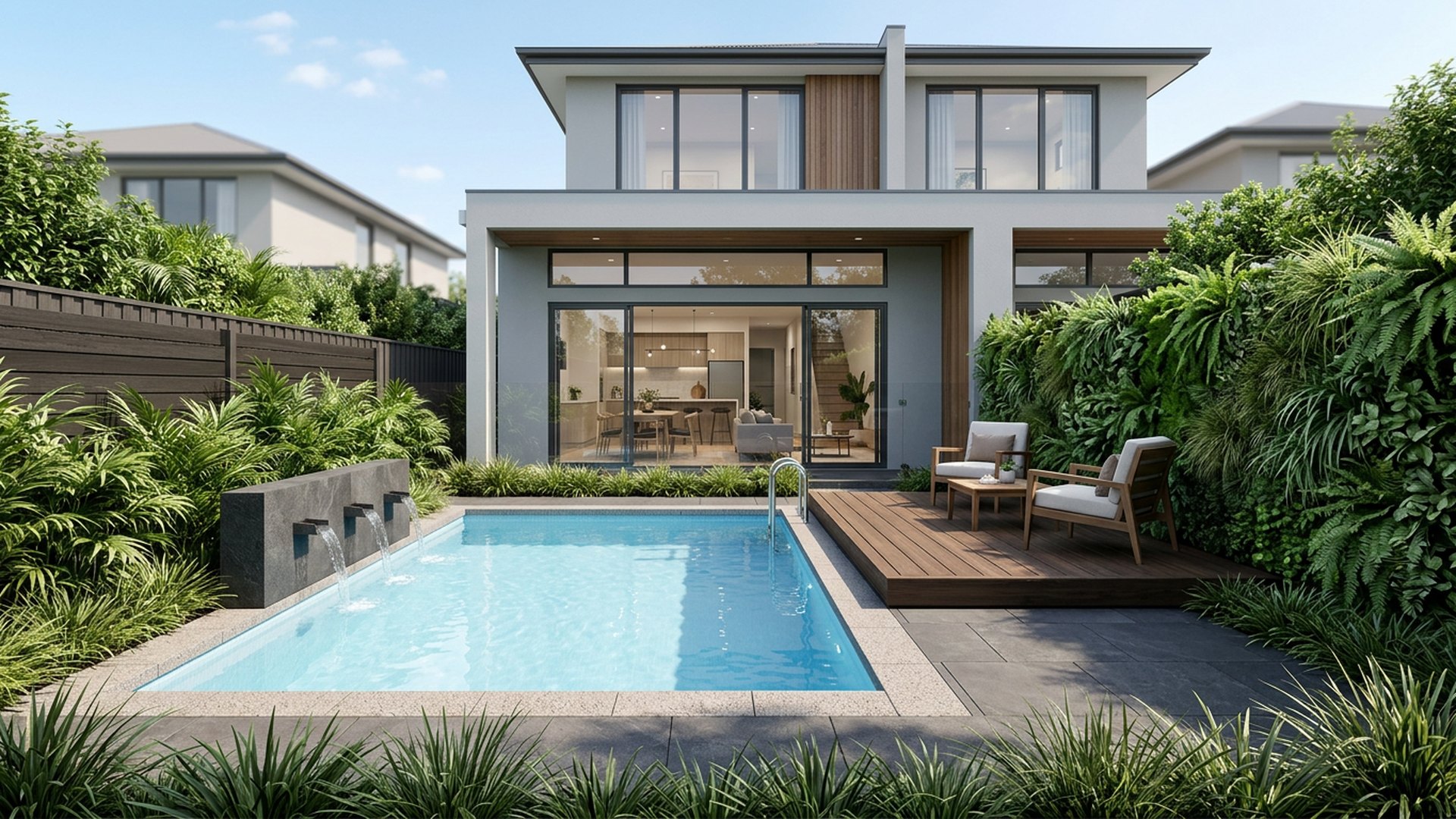 Plunge Pool Courtyard backyard landscaping concept Forward Looking A 4 metre plunge pool, deck platform and green wall in a. Images and Photos created by www.house-and-garden-designs.com