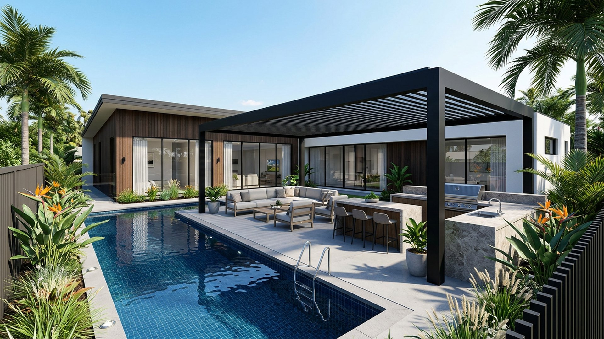Poolside Pergola Combo backyard landscaping concept Forward Looking Pool, pergola lounge and BBQ zone arranged in one continuous entertaining run. Images and Photos created by www.house-and-garden-designs.com
