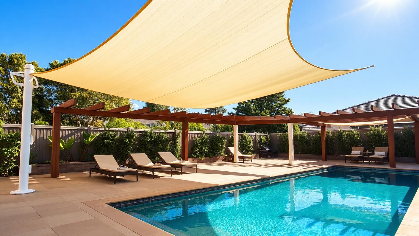 swimming pool with tensioned shade sails and a timber pergola covering poolside lounges in bright sunlight. Images and Photos created by www.house-and-garden-designs.com
