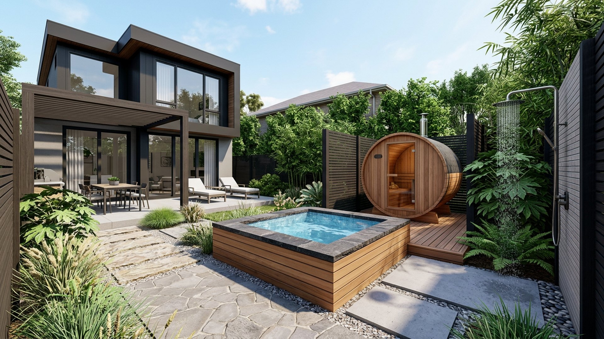 Spa and Sauna Corner backyard landscaping concept Forward Looking A plunge spa, barrel sauna and cold shower tucked into a. Images and Photos created by www.house-and-garden-designs.com
